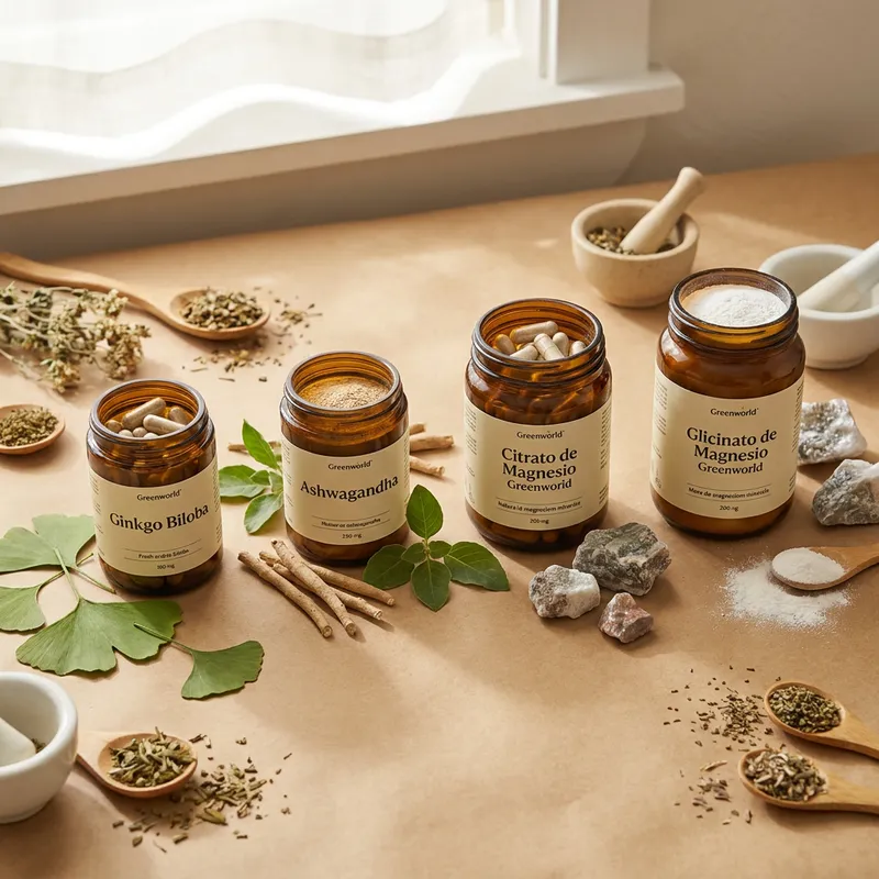 Combo de ginkgo y ashwagandha con sus ingredientes naturales alrededor