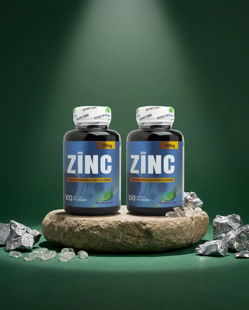 Combo de gomitas de zinc sobre una piedra en un estudio verde, con sus ingredientes