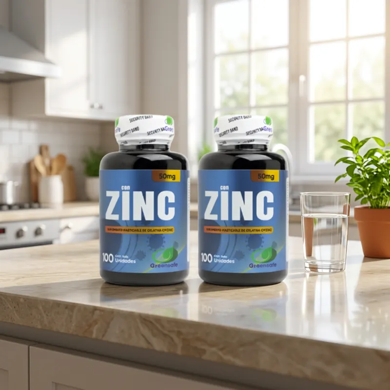 Combo de gomitas de zinc en la cocina de una casa, junto a un vaso de agua