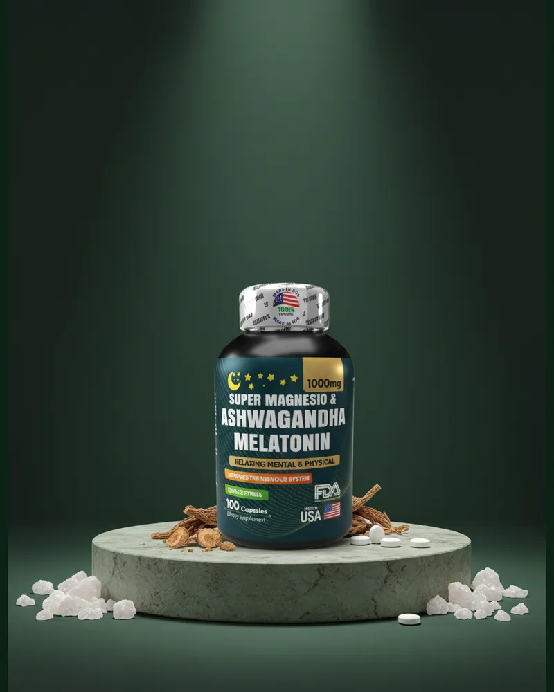 Combo magnesio y melatonina sobre una piedra en un estudio verde, con sus ingredientes