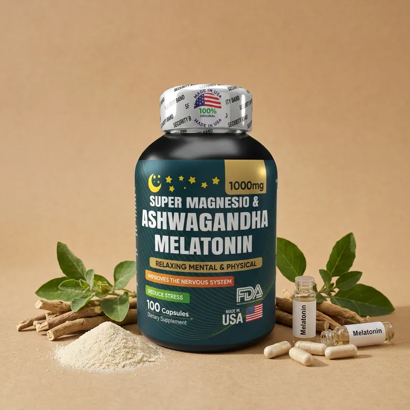 Combo magnesio y melatonina con sus ingredientes naturales alrededor