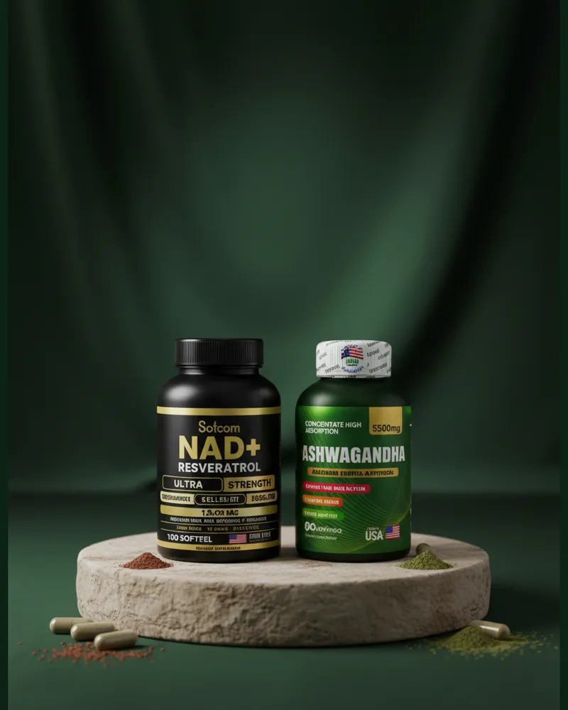 Combo NAD+ y ashwagandha sobre una piedra en un estudio verde, con sus ingredientes