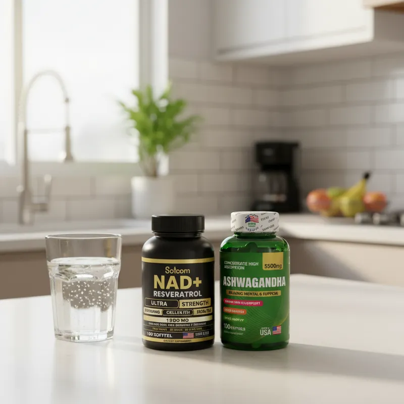 Combo NAD+ y ashwagandha en la cocina de una casa, junto a un vaso de agua