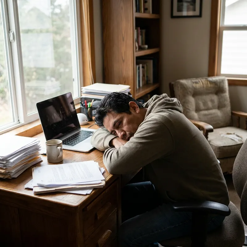 Un hombre de unos 40 años exhausto en su oficina en casa, con la cabeza apoyada en el escritorio.