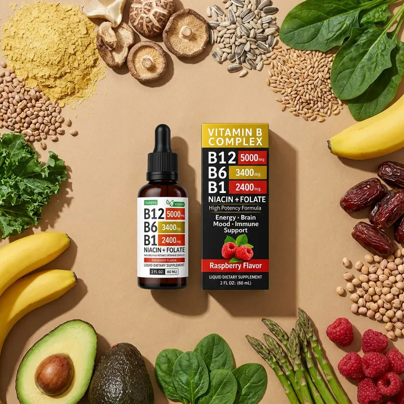 Complejo B en gotas con sus ingredientes naturales alrededor