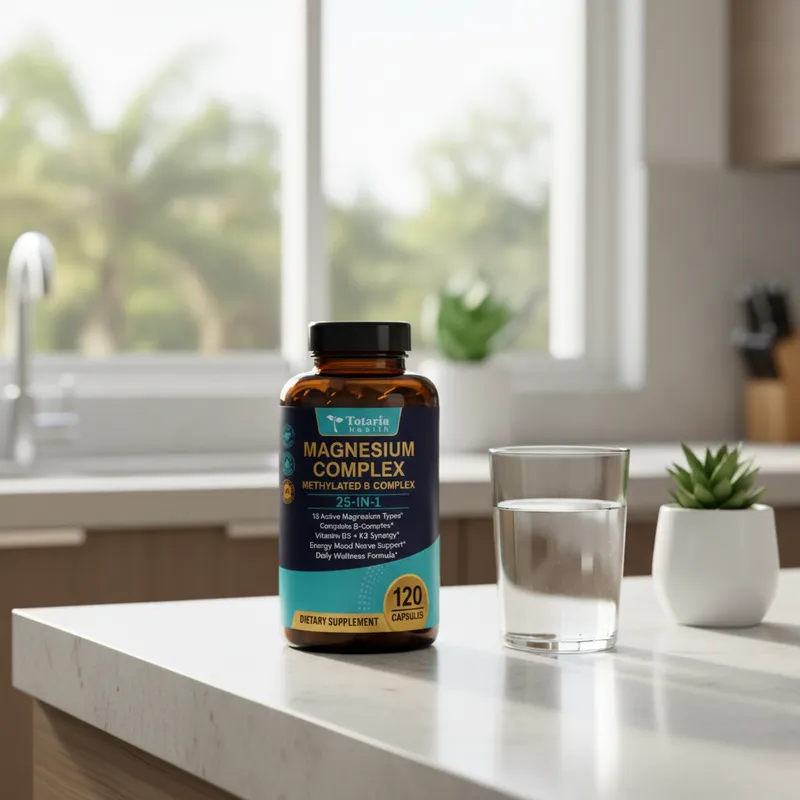 Complejo de magnesio y vitamina B en la cocina de una casa, junto a un vaso de agua