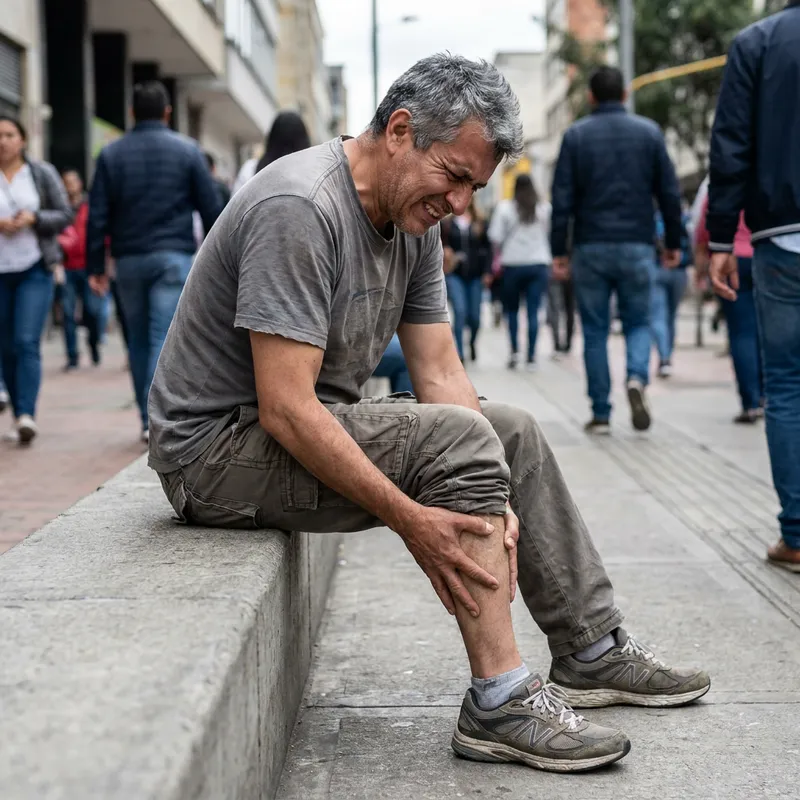 Hombre sintiendo un calambre en la pantorrilla mientras camina por la calle.