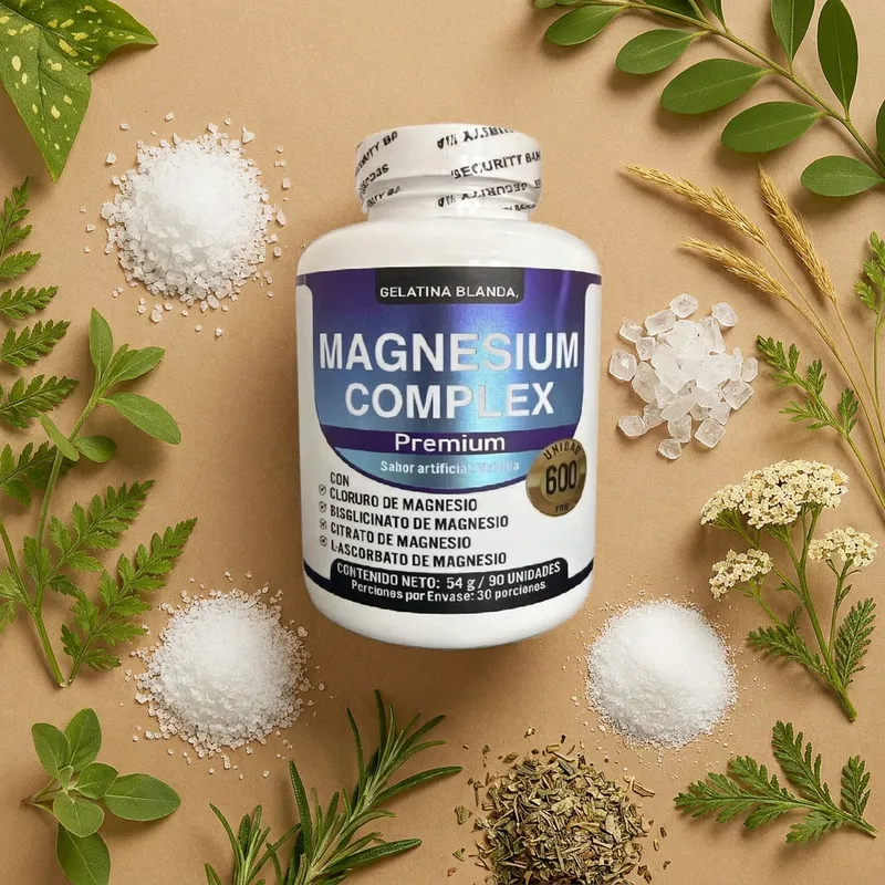 Complejo de magnesio con sus ingredientes naturales alrededor