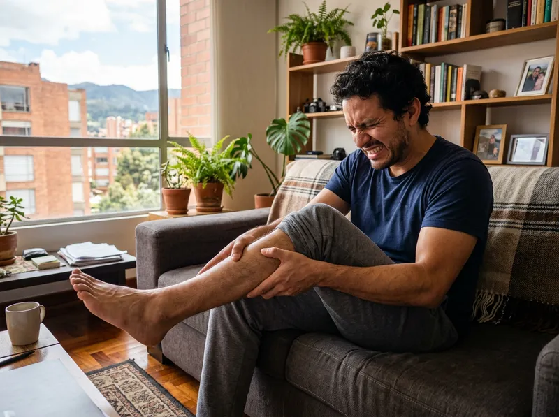 Un hombre de unos 35 años sentado en el sofá de su sala en Bogotá, frotándose la pantorrilla con expresión de dolor por un calambre.