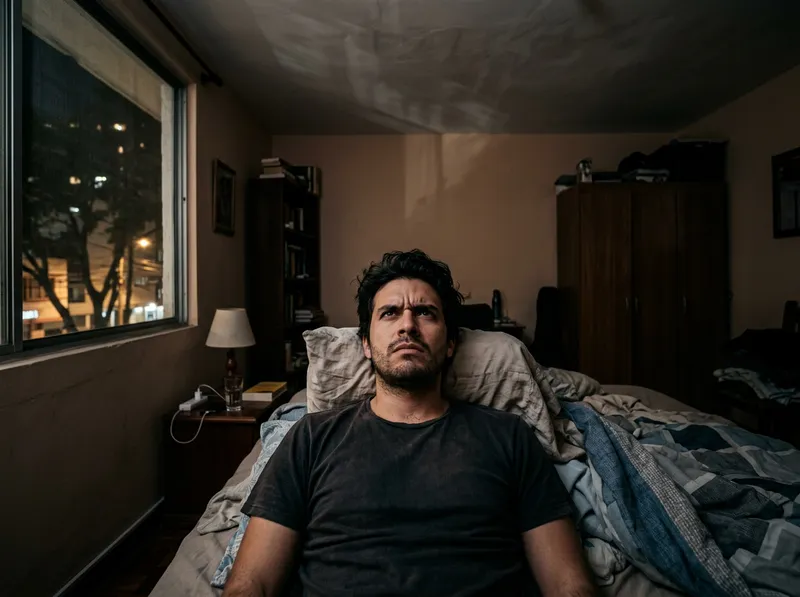 Un joven de unos 28 años acostado en su cama de noche en Cali, mirando al techo con frustración por no poder dormir.