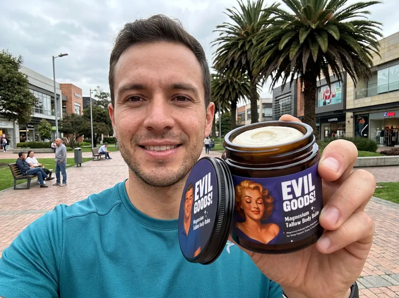 Un hombre joven en ropa deportiva en un parque de Bogotá, sonriendo mientras sostiene el frasco de crema de magnesio.