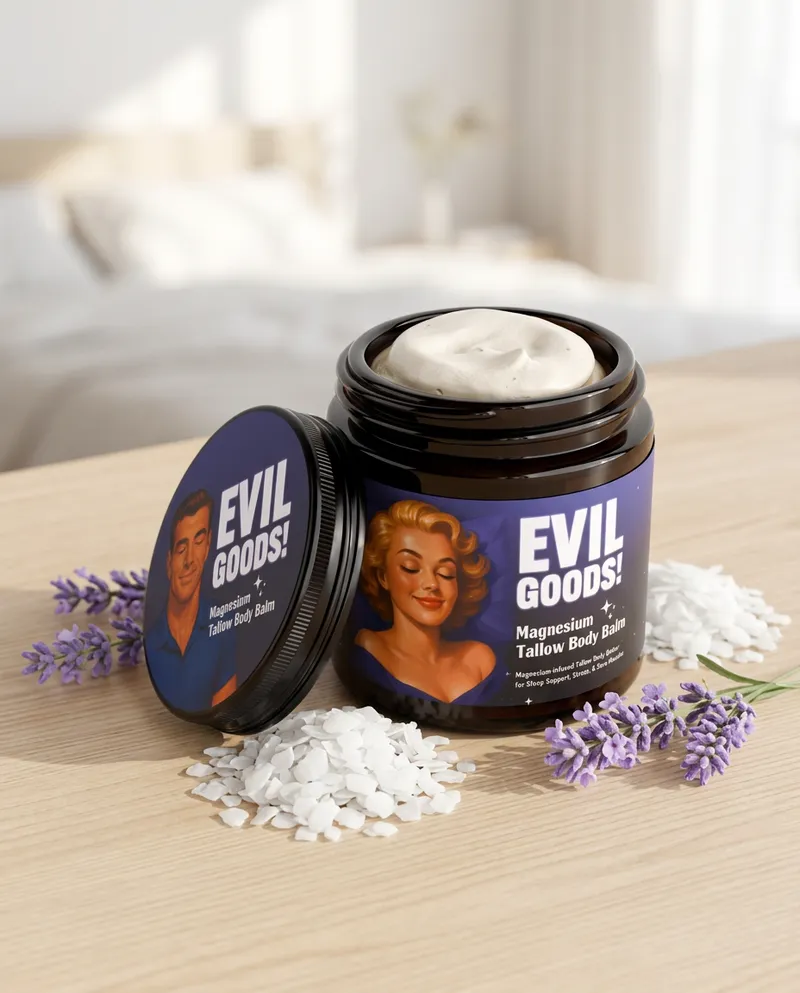 El frasco de crema de magnesio abierto sobre una mesa de madera clara, rodeado de cristales de magnesio puros y flores de lavanda, con un fondo luminoso y natural.