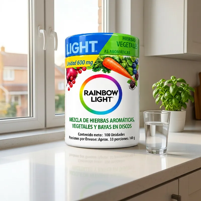 Discos de hierbas y vegetales en la cocina de una casa, junto a un vaso de agua