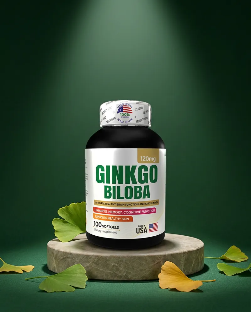 Ginkgo biloba en cápsulas sobre una piedra en un estudio verde, con sus ingredientes