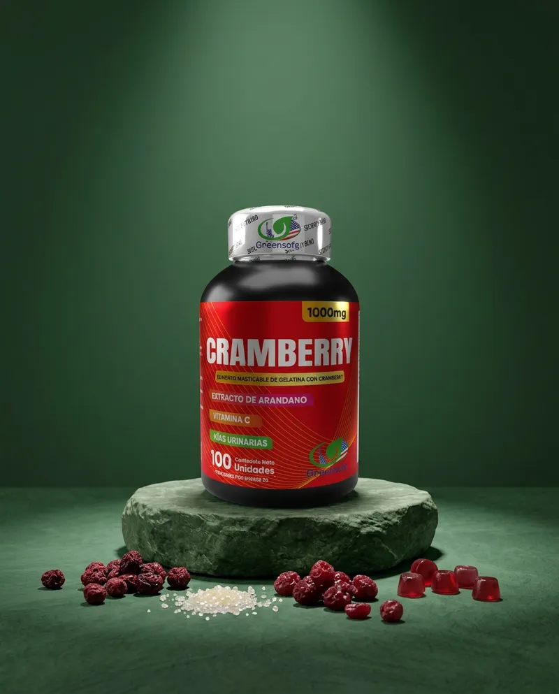 Gomitas de arándano sobre una piedra en un estudio verde, con sus ingredientes