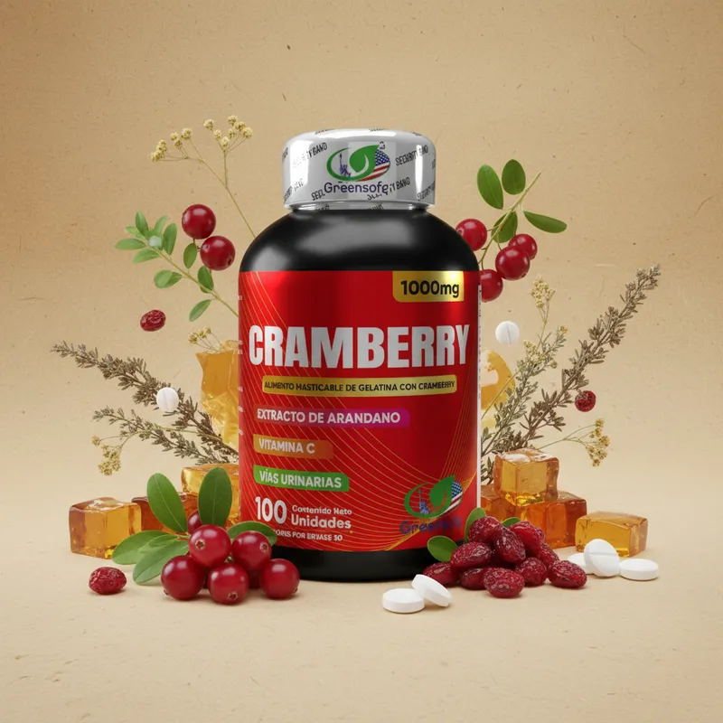 Gomitas de arándano con sus ingredientes naturales alrededor