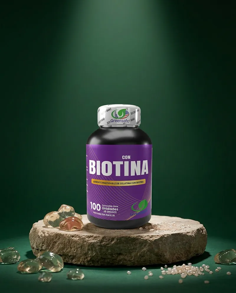 Gomitas de biotina sobre una piedra en un estudio verde, con sus ingredientes