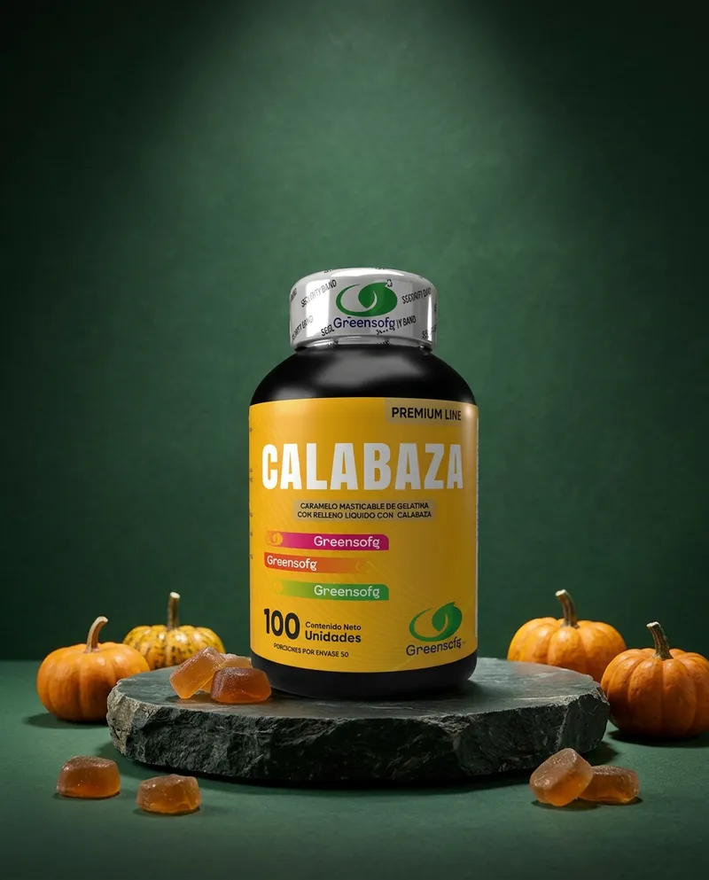Gomitas de calabaza sobre una piedra en un estudio verde, con sus ingredientes