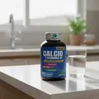 Gomitas de calcio y vitamina D3 en la cocina de una casa, junto a un vaso de agua