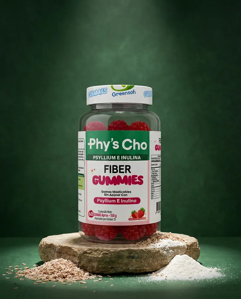 Gomitas de fibra con psyllium sobre una piedra en un estudio verde, con sus ingredientes