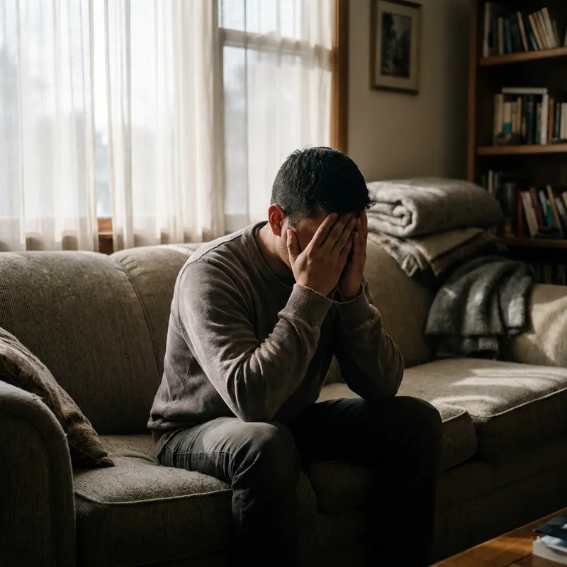Un hombre joven latino sentado en el sofá de su casa, con la cabeza entre las manos, luciendo agotado.