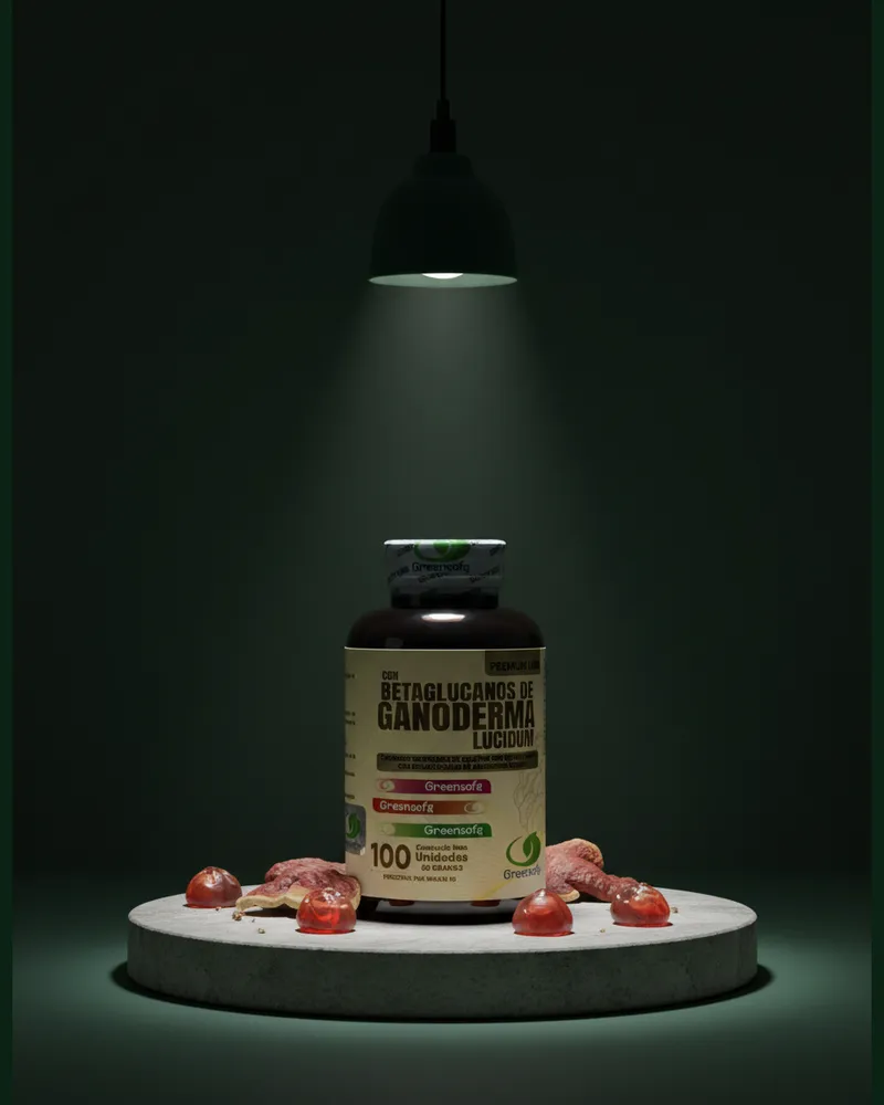 Gomitas de ganoderma sobre una piedra en un estudio verde, con sus ingredientes
