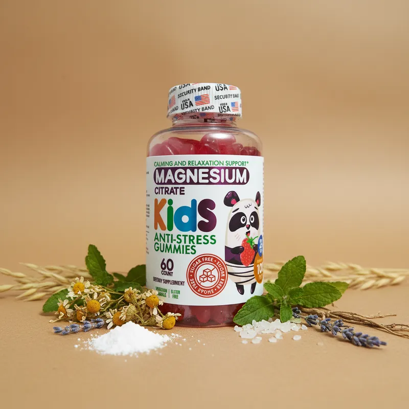 Gomitas de magnesio para niños con sus ingredientes naturales alrededor