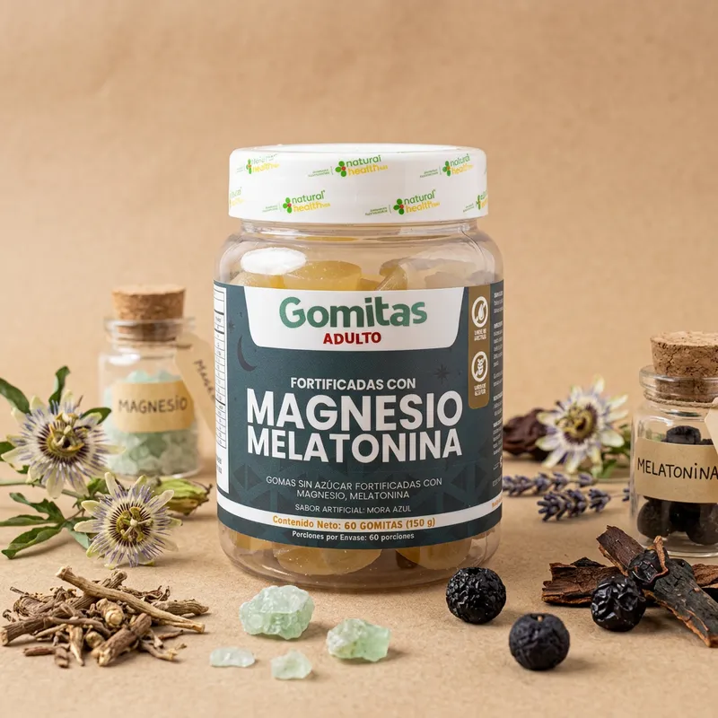 Gomitas de magnesio y melatonina con sus ingredientes naturales alrededor