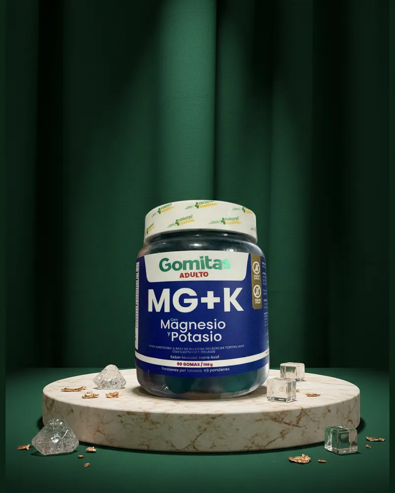 Gomitas de magnesio y potasio sobre una piedra en un estudio verde, con sus ingredientes