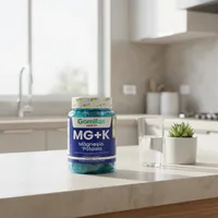 Gomitas de magnesio y potasio en la cocina de una casa, junto a un vaso de agua