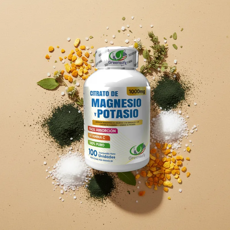 Gomitas de magnesio y potasio con sus ingredientes naturales alrededor
