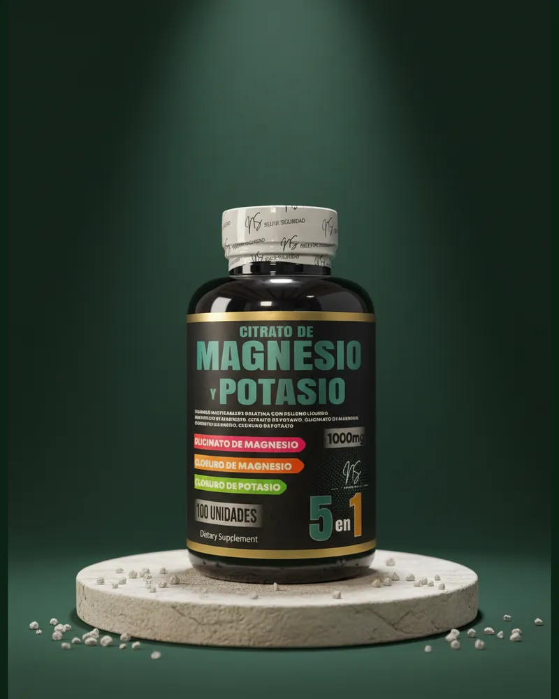 Gomitas de magnesio y potasio sobre una piedra en un estudio verde, con sus ingredientes