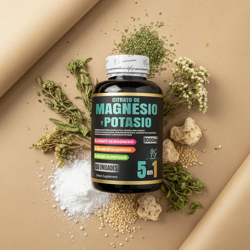 Gomitas de magnesio y potasio con sus ingredientes naturales alrededor