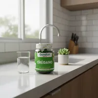 Gomitas de orégano en la cocina de una casa, junto a un vaso de agua