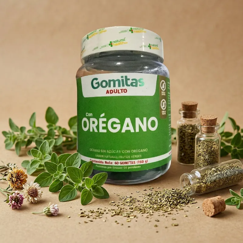 Gomitas de orégano con sus ingredientes naturales alrededor
