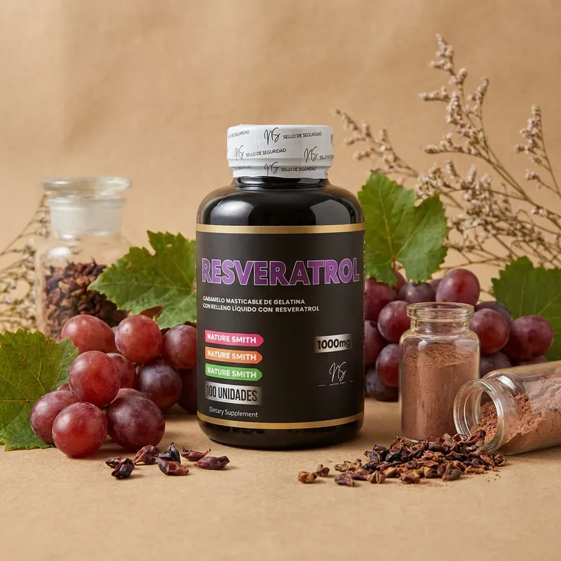 Gomitas de resveratrol con sus ingredientes naturales alrededor
