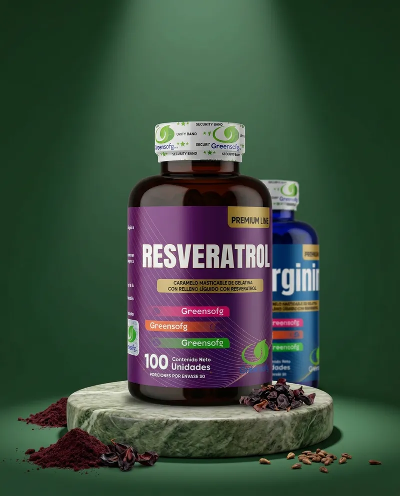 Gomitas de resveratrol sobre una piedra en un estudio verde, con sus ingredientes