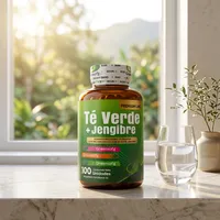 Gomitas de té verde y jengibre en la cocina de una casa, junto a un vaso de agua