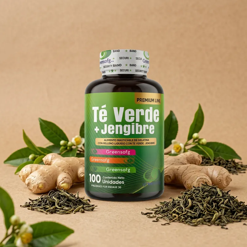 Gomitas de té verde y jengibre con sus ingredientes naturales alrededor