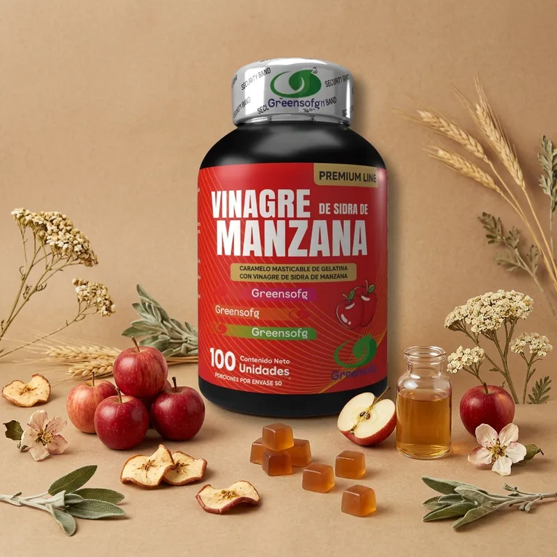 Gomitas de vinagre de manzana con sus ingredientes naturales alrededor