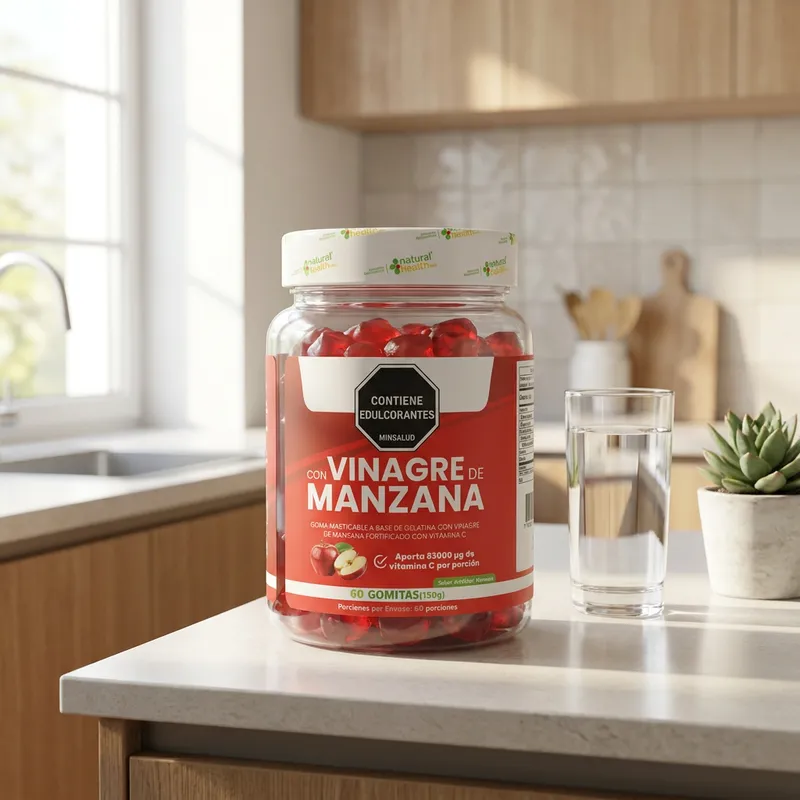 Gomitas de vinagre de manzana en la cocina de una casa, junto a un vaso de agua