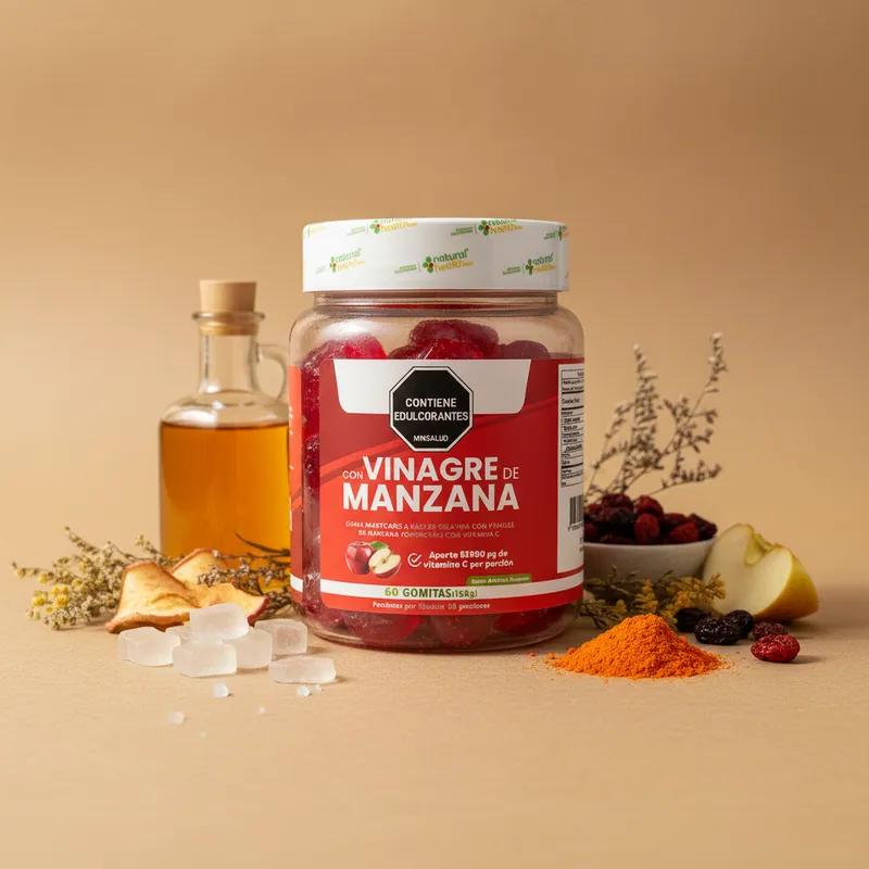 Gomitas de vinagre de manzana con sus ingredientes naturales alrededor