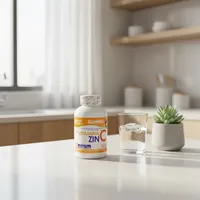 Gomitas de vitamina C y zinc en la cocina de una casa, junto a un vaso de agua