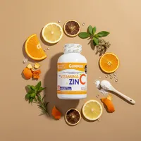 Gomitas de vitamina C y zinc con sus ingredientes naturales alrededor