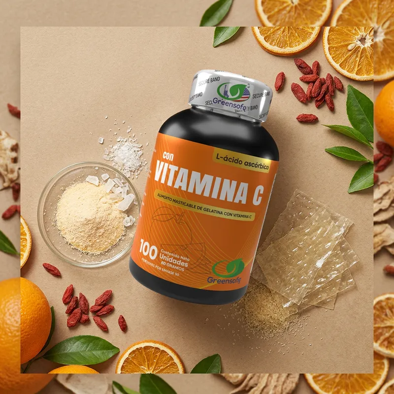 Gomitas de vitamina C con sus ingredientes naturales alrededor
