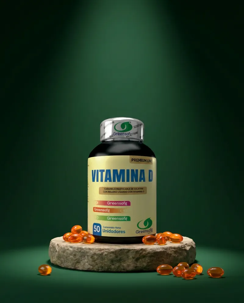 Gomitas de vitamina D sobre una piedra en un estudio verde, con sus ingredientes