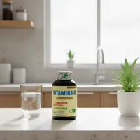 Gomitas de vitamina D en la cocina de una casa, junto a un vaso de agua