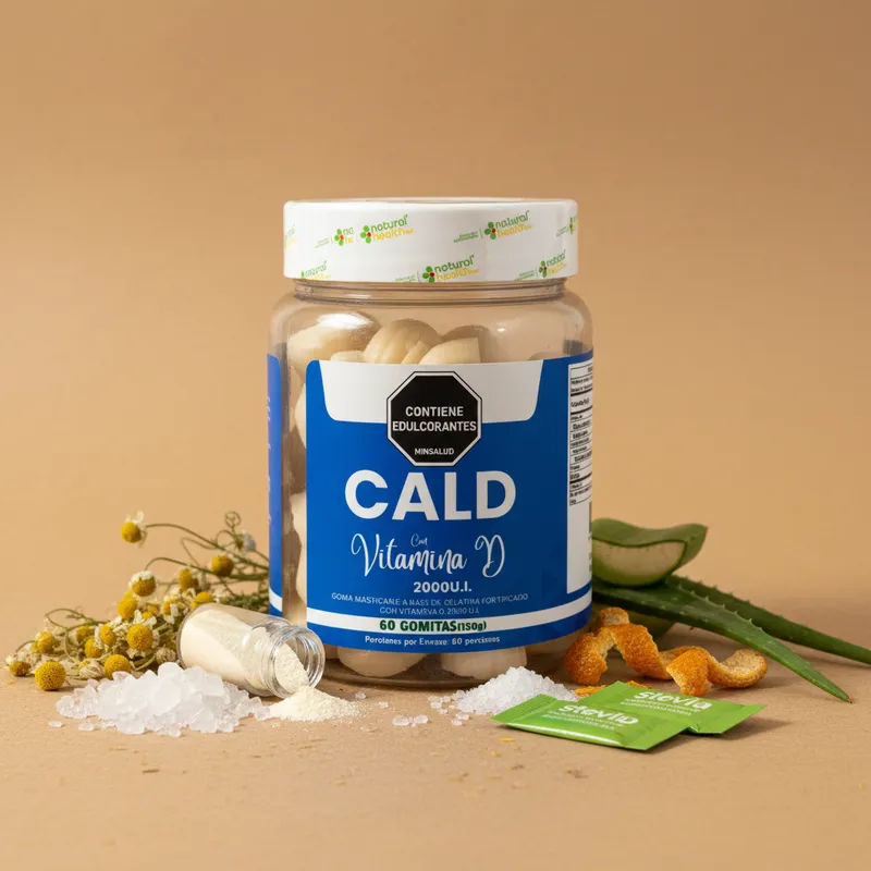 Gomitas de vitamina D con sus ingredientes naturales alrededor