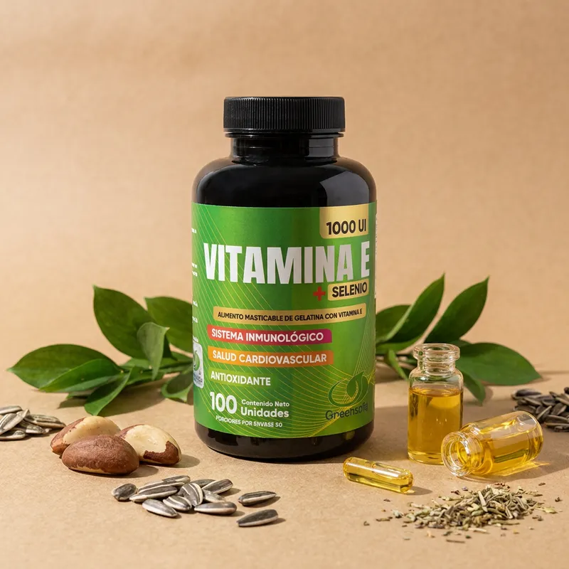 Gomitas de vitamina E y selenio con sus ingredientes naturales alrededor
