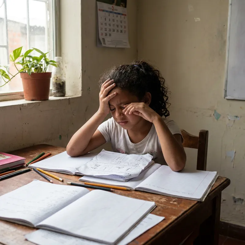 Una niña colombiana frustrada frente a sus cuadernos de tarea, apoyando la cabeza en su mano